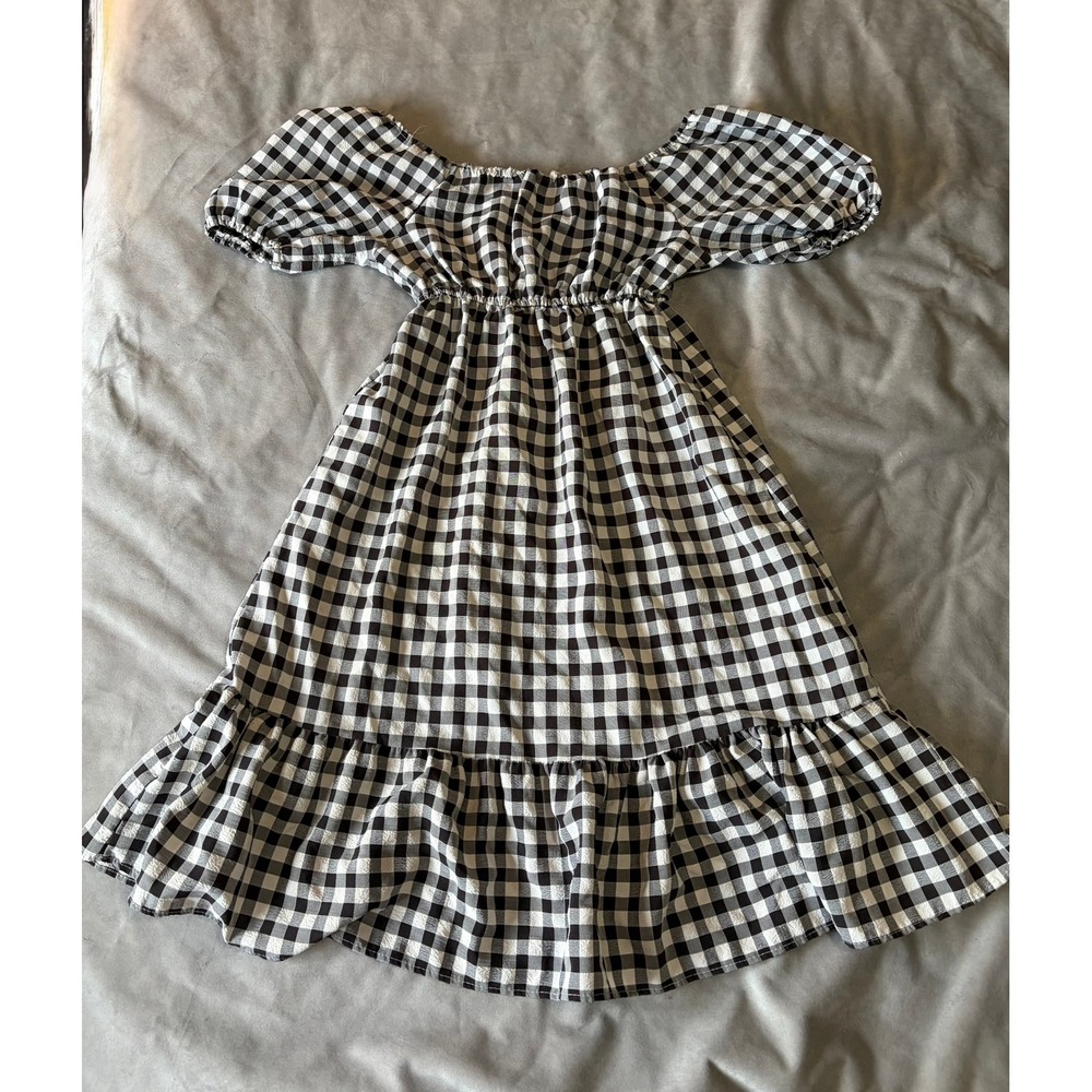 Black White Gingham Off Shoulder Puff Sleeve Ruffle Tiered Mini Dress